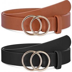 2 Pack Women Leather Belts Faux Leather Jeans Belt with Double O-Ring Buckle Size up to 53 inch