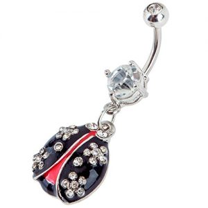 VAGA Belly Button Rings Women Body Jewelry Piercing 316L stainless steel 14 Gauge Belly Ring Navel Button Piercing Bananabell Barbell With Black Ladybug Decoration and Clear Rhinestones Crystals