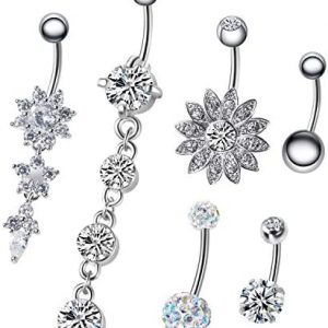 6PCS 14G Stainless Steel Dangle Belly Button Rings for Women Belly Piercing CZ Inlaid NASAMA
